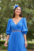 Load image into Gallery viewer, Chiffon Blue V-Neck A Line Long Mother of the Bride Dress with Beading