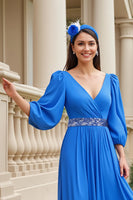 Load image into Gallery viewer, Chiffon Blue V-Neck A Line Long Mother of the Bride Dress with Beading