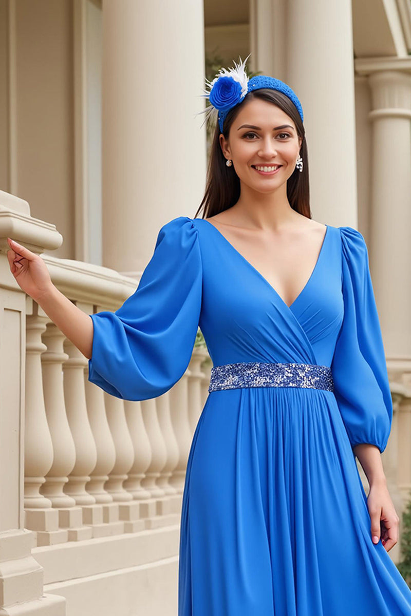 Load image into Gallery viewer, Chiffon Blue V-Neck A Line Long Mother of the Bride Dress with Beading
