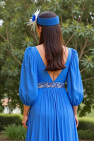 Load image into Gallery viewer, Chiffon Blue V-Neck A Line Long Mother of the Bride Dress with Beading