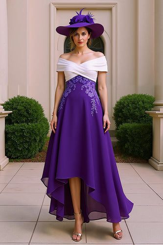 Chiffon Mother of the Bride Dress with Appliques Purple Off The Shoulder A Line Asymmetrical Wedding Guest Dress