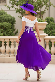 Purple Chiffon A Line Off The Shoulder Asymmetrical Mother of the Bride Dress with Appliques