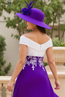 Load image into Gallery viewer, Purple Chiffon A Line Off The Shoulder Asymmetrical Mother of the Bride Dress with Appliques