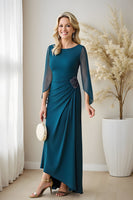 Load image into Gallery viewer, Peacock Blue Sheath Chiffon Boat Neck Long Mother of the Bride Dress with Beading
