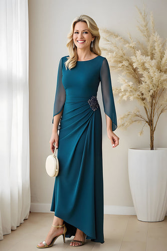 Peacock Blue Sheath Chiffon Boat Neck Long Mother of the Bride Dress with Beading