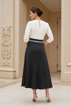 Black Chiffon A Line Boat Neck Midi Mother of the Bride Dress with Sleeves