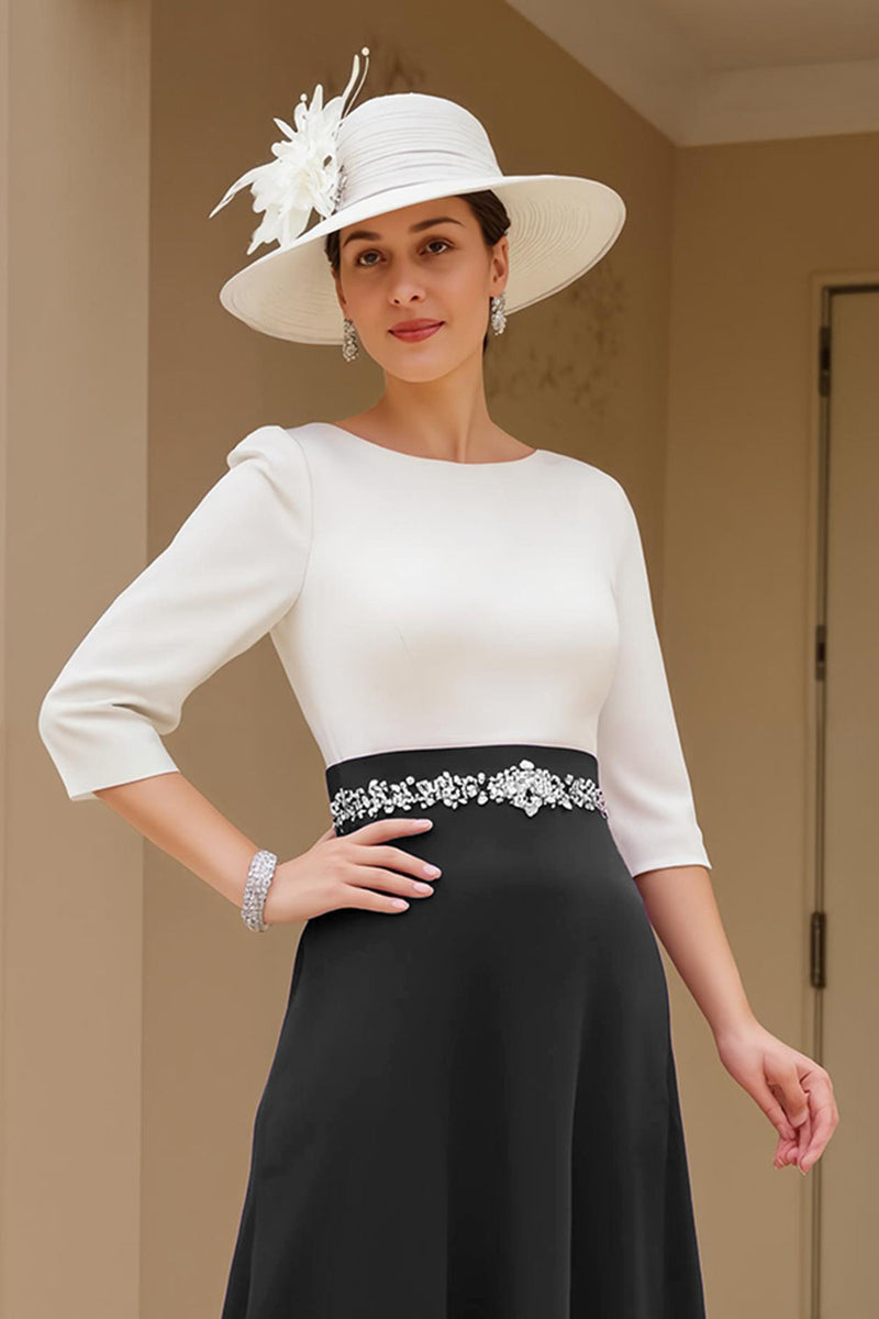 Load image into Gallery viewer, Black Chiffon A Line Boat Neck Midi Mother of the Bride Dress with Sleeves