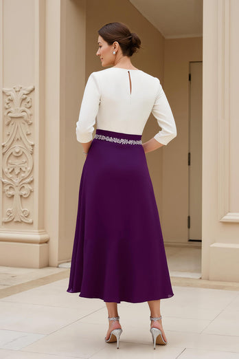 Black Chiffon A Line Boat Neck Midi Mother of the Bride Dress with Sleeves