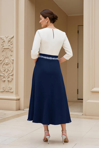 Black Chiffon A Line Boat Neck Midi Mother of the Bride Dress with Sleeves