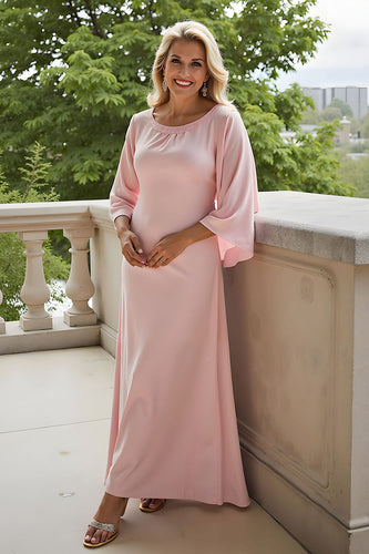 Candy Pink Chiffon Sheath Round Neck Long Mother of the Bride Dress with Sleeves
