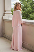 Load image into Gallery viewer, Candy Pink Chiffon Sheath Round Neck Long Mother of the Bride Dress with Sleeves