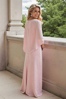 Candy Pink Chiffon Sheath Round Neck Long Mother of the Bride Dress with Sleeves