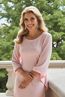 Load image into Gallery viewer, Candy Pink Chiffon Sheath Round Neck Long Mother of the Bride Dress with Sleeves