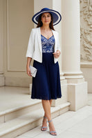 Load image into Gallery viewer, 2 Piece Navy Blue Midi Floral Mother of the Bride Dress with Sleeves Chiffon A Line Pleated V-Neck Wedding Guest Dress