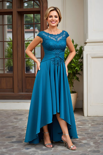 Queendancer Peacock Blue Chiffon A Line Asymmetrical Mother of the Bride Dress with Lace Boat Neck Appliqued Wedding Guest Dress