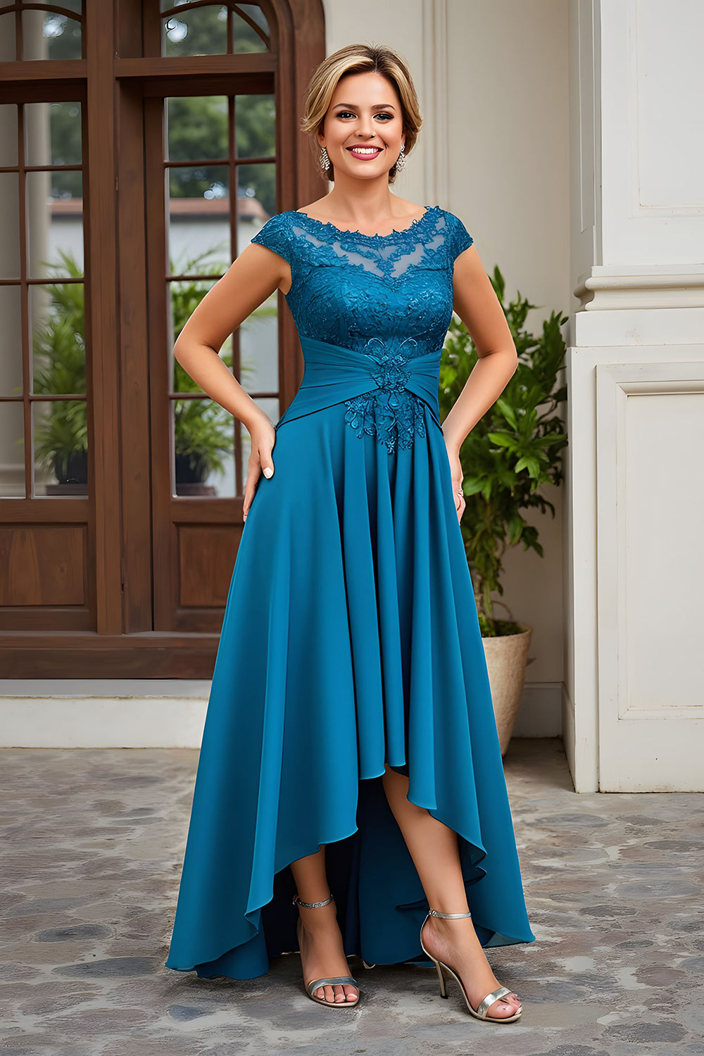 Queendancer Peacock Blue Chiffon A Line Asymmetrical Mother of the Bride Dress with Lace Boat Neck Appliqued Wedding Guest Dress