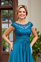 Load image into Gallery viewer, Peacock Blue Chiffon A Line Asymmetrical Mother of the Bride Dress with Lace