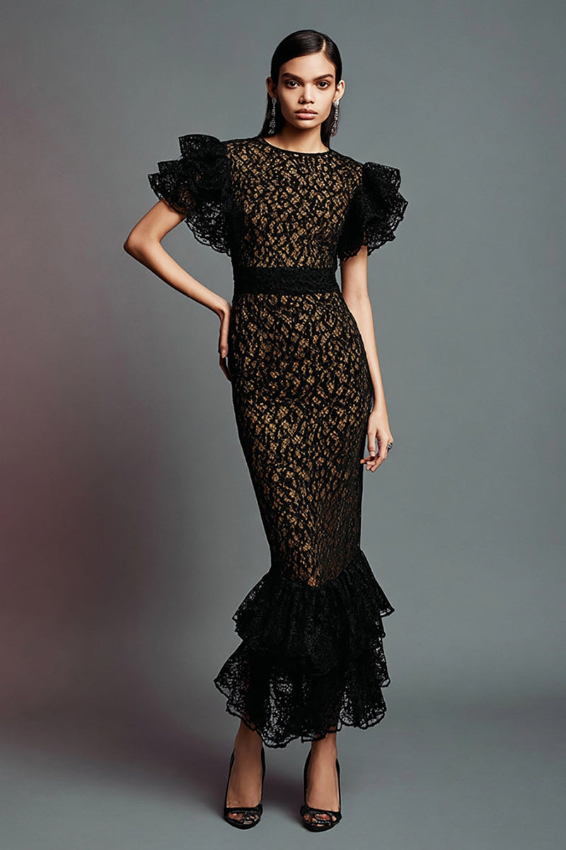 Load image into Gallery viewer, Black Jewel Neck Mermaid Lace Ruffled Long Formal Dress