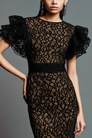 Load image into Gallery viewer, Black Jewel Neck Mermaid Lace Ruffled Long Formal Dress