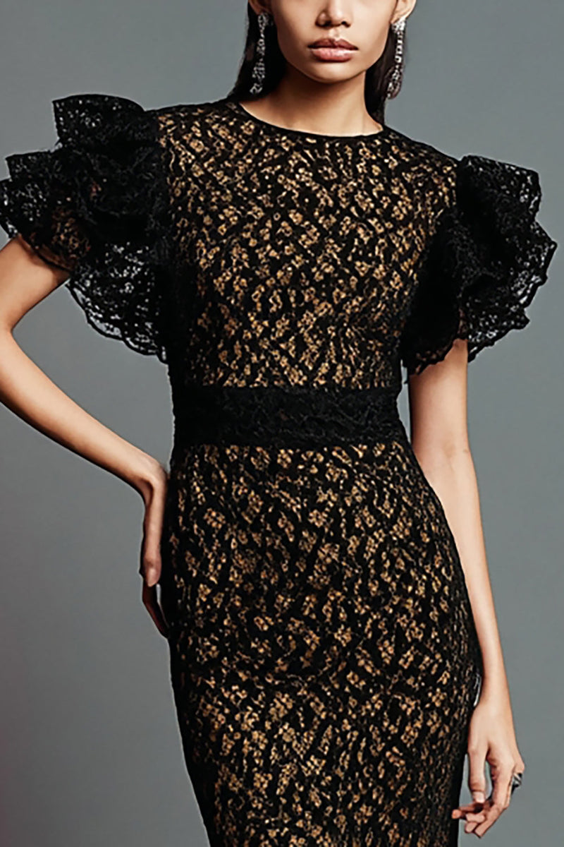 Load image into Gallery viewer, Black Jewel Neck Mermaid Lace Ruffled Long Formal Dress