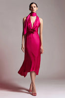 Load image into Gallery viewer, Fuchsia Floral Sheath Satin Neck Scarf Midi Formal Dress