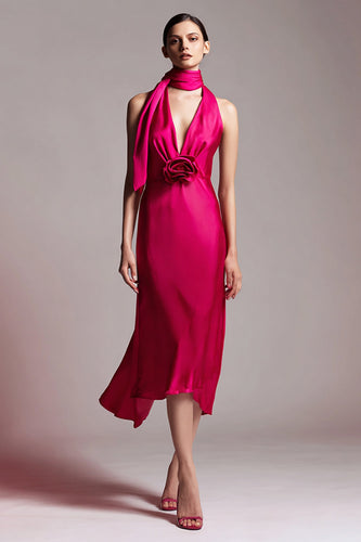 Fuchsia Floral Sheath Satin Neck Scarf Midi Formal Dress
