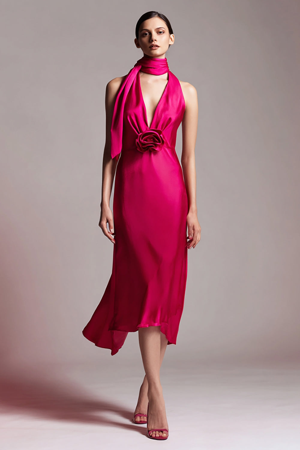 Fuchsia Floral Sheath Satin Neck Scarf Midi Formal Dress