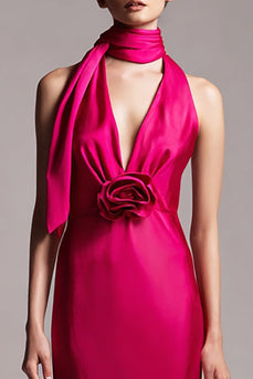 Fuchsia Floral Sheath Satin Neck Scarf Midi Formal Dress