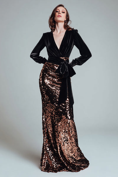 Sparkly Black and Coffee Sheath Sequins Long Holiday Party Dress with Bow