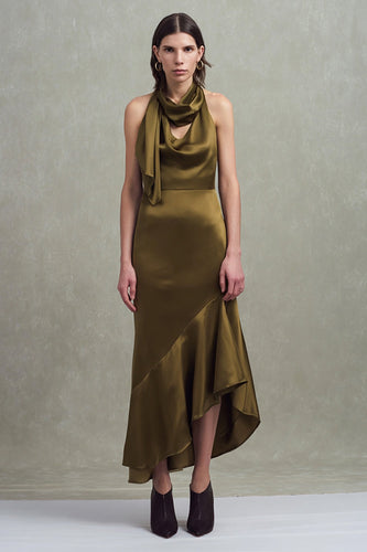 Olive Satin Neck Scarf Sheath Asymmetrical Formal Dress with Ruffles