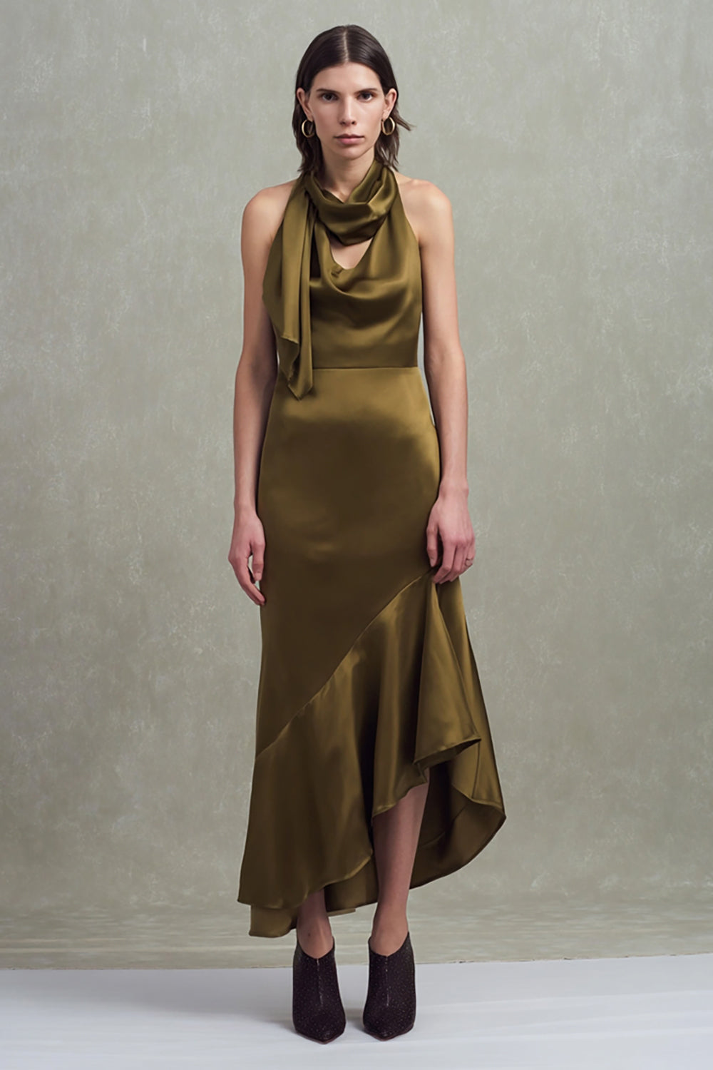 Olive Satin Neck Scarf Sheath Asymmetrical Formal Dress with Ruffles