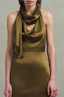 Load image into Gallery viewer, Olive Satin Neck Scarf Sheath Asymmetrical Formal Dress with Ruffles