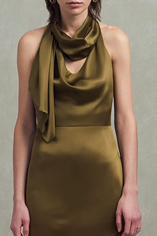 Olive Satin Neck Scarf Sheath Asymmetrical Formal Dress with Ruffles