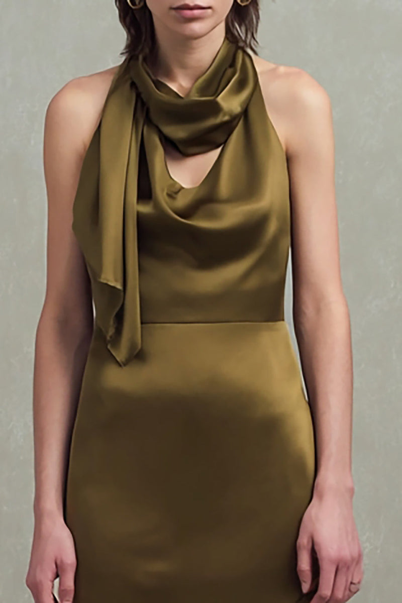 Load image into Gallery viewer, Olive Satin Neck Scarf Sheath Asymmetrical Formal Dress with Ruffles