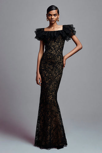 Black Lace Ruffled Mermaid Long Formal Dress with Sleeves