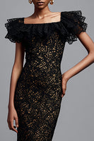Load image into Gallery viewer, Black Lace Ruffled Mermaid Long Formal Dress with Sleeves
