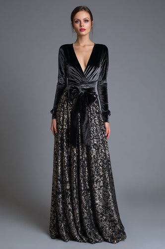 Sparkly Black Long Sleeves Sequins Holiday Party Dress with Bow