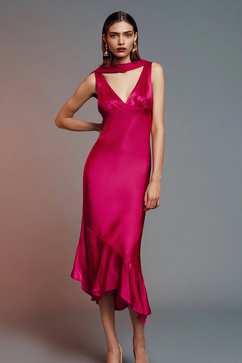 Load image into Gallery viewer, Fuchsia Neck Scarf Satin Asymmetrical Formal Dress with Ruffles