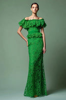 Load image into Gallery viewer, Green Lace Mermaid Off the Shoulder Long Formal Dress with Ruffles