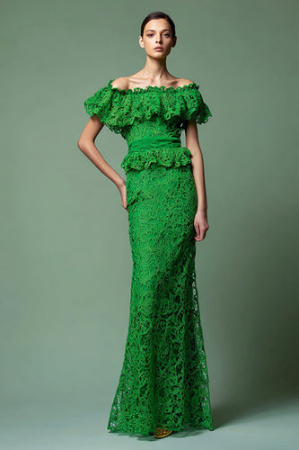 Green Lace Mermaid Off the Shoulder Long Formal Dress with Ruffles