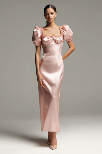 Pink Sheath Satin Puff Sleeves Long Formal Dress