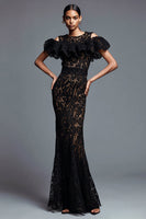 Load image into Gallery viewer, Black Mermaid Lace Cold Shoulder Long Formal Dress with Ruffles