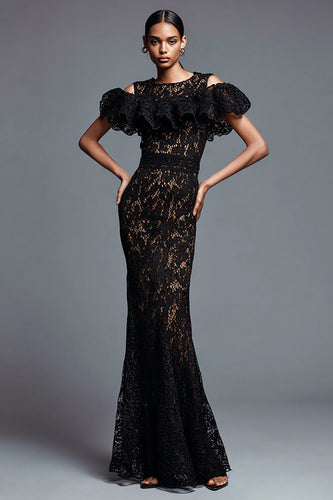 Black Mermaid Lace Cold Shoulder Long Formal Dress with Ruffles