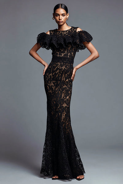 Black Mermaid Lace Cold Shoulder Long Formal Dress with Ruffles