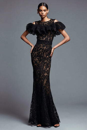 Black Mermaid Lace Cold Shoulder Long Formal Dress with Ruffles
