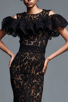 Black Mermaid Lace Cold Shoulder Long Formal Dress with Ruffles
