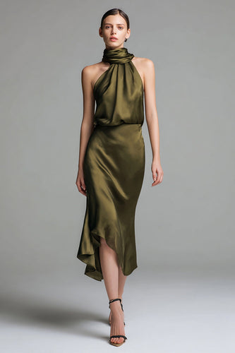 Olive Sheath Satin High Neck Asymmetrical Formal Dress