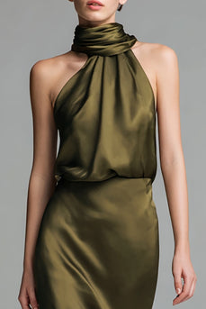 Olive Sheath Satin High Neck Asymmetrical Formal Dress