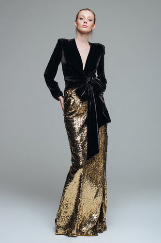 Sparkly Black and Gold Long Sleeves Sequins Holiday Party Dress with Bow