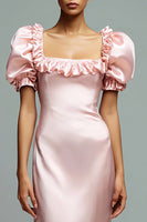Load image into Gallery viewer, Pink Satin Sheath Puff Sleeves Long Formal Dress with Ruffles